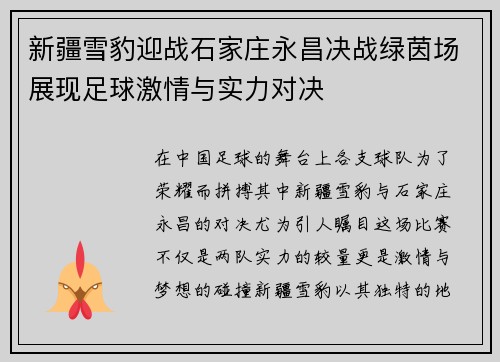 新疆雪豹迎战石家庄永昌决战绿茵场展现足球激情与实力对决